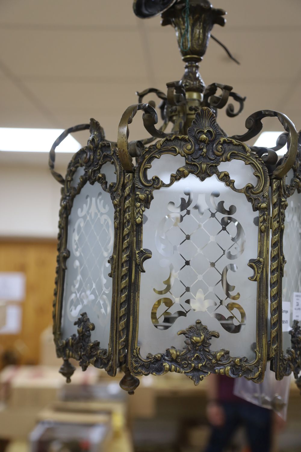 An early 20th century hexagonal hall lantern, drop 60cm